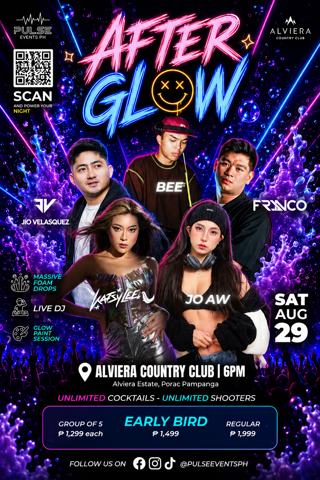 AFTER GLOW 2026 official event poster — DJs, ticket prices, and QR code