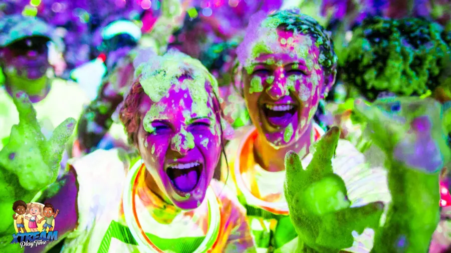 Foam-covered friends laughing